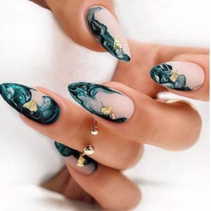 24pcs Almond Press-On Nails - Abstract Green Shades & Gold w/ Free File & Tape